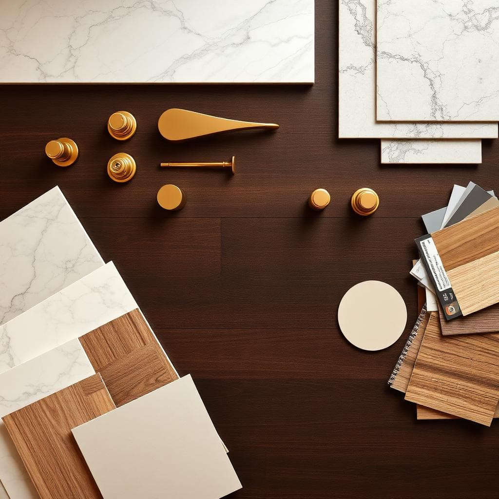 Premium renovation material samples including marble tile, brass hardware, and wood flooring