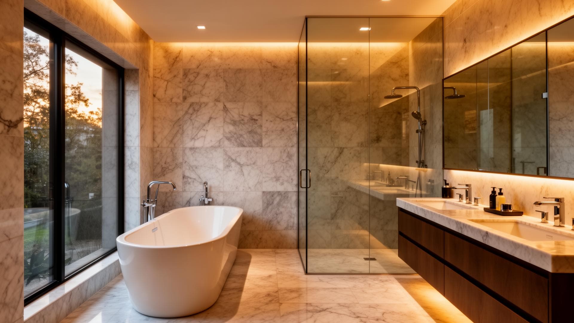 Luxury bathroom remodel with marble shower and custom vanity in Dallas-Fort Worth