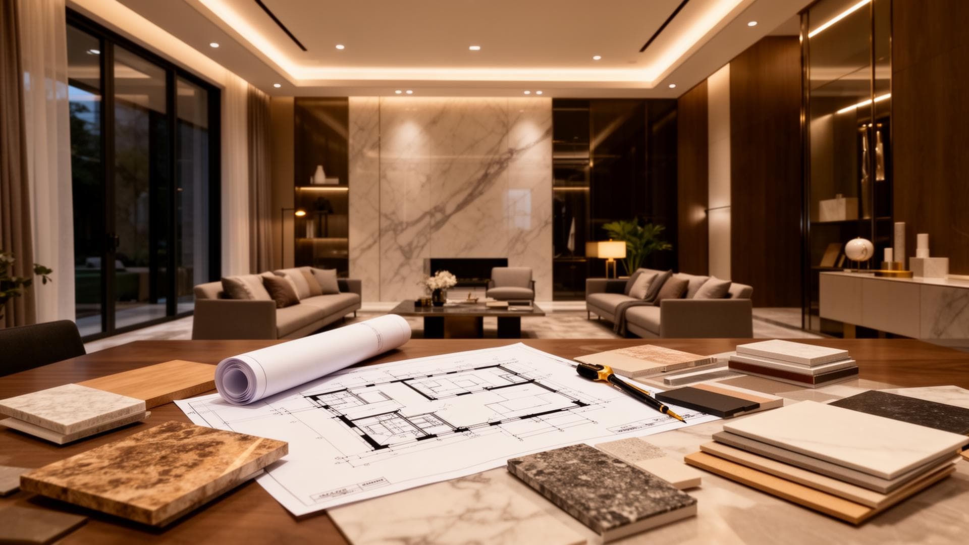 Luxury home renovation consultation with architectural blueprints and premium material samples