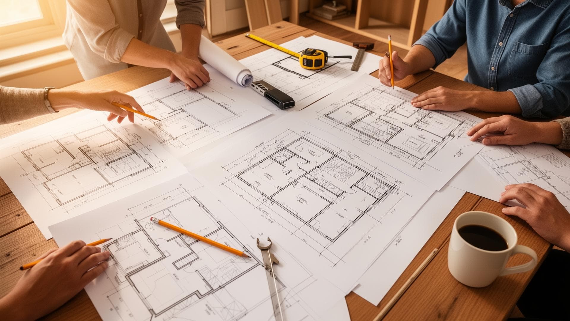 Remodeling consultation with blueprints and material samples on a workbench