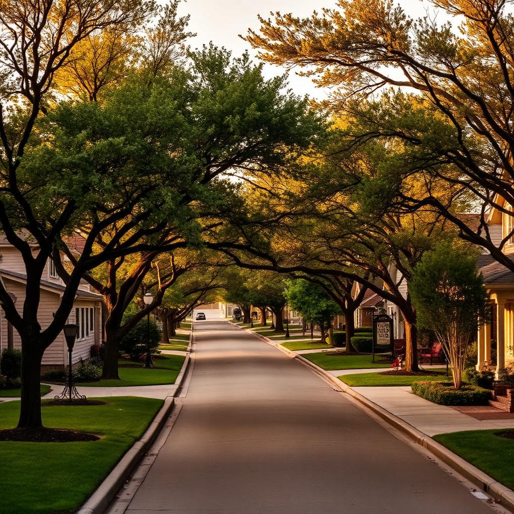 Charming Old Town Coppell streetscape with mature trees