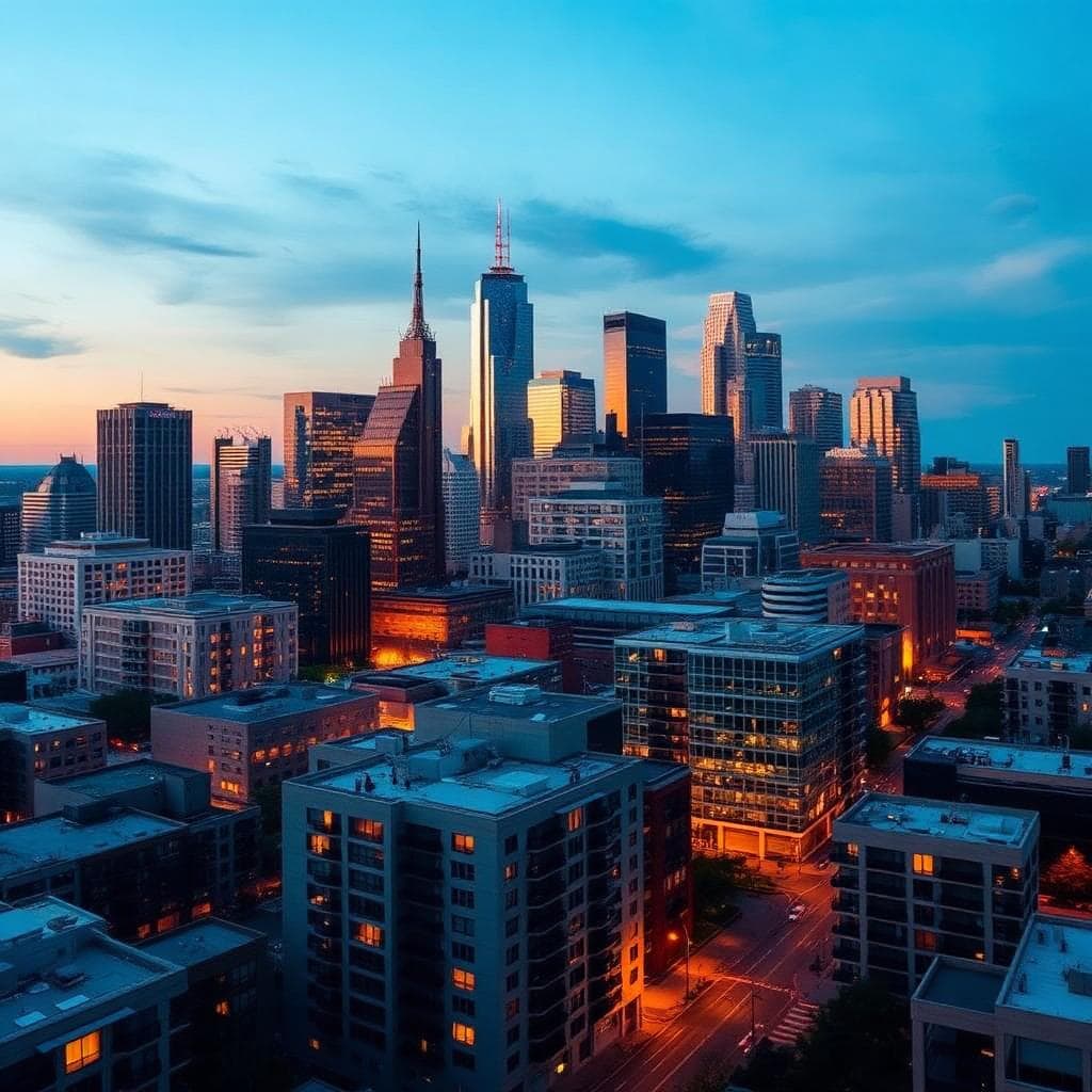 Dallas Arts District skyline at twilight with modern architecture