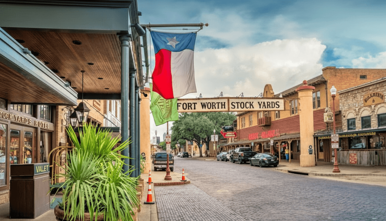 Fort Worth Stockyards district architecture at dusk