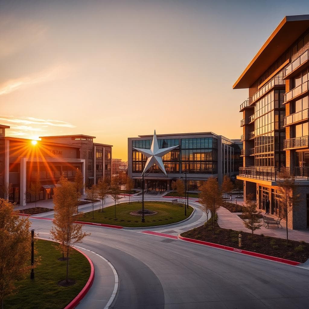The Star in Frisco Texas modern mixed-use development at golden hour