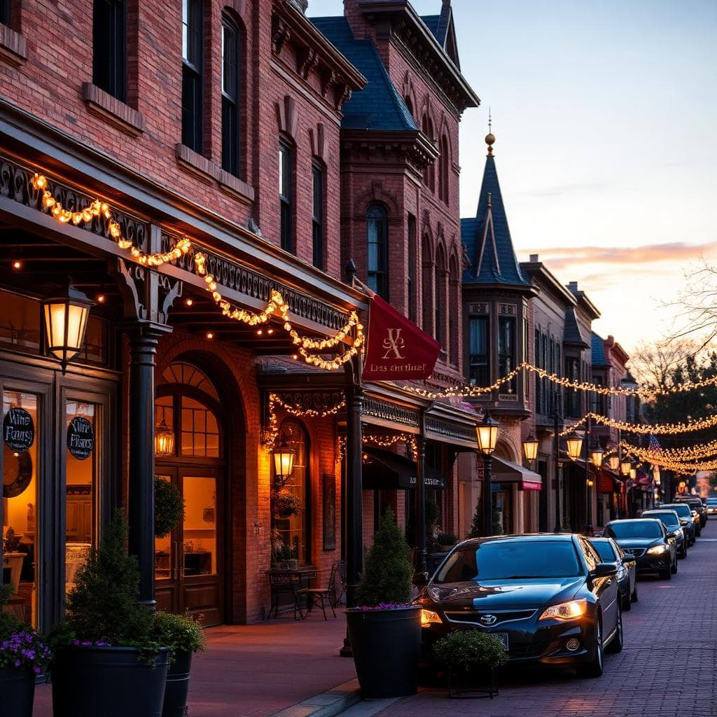 Historic Grapevine Texas Main Street Victorian buildings with string lights at dusk