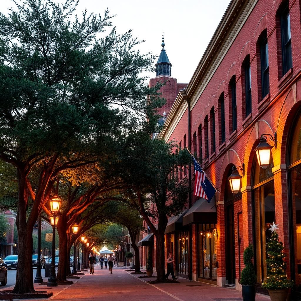 Historic downtown Plano Texas tree-lined brick storefronts at dusk