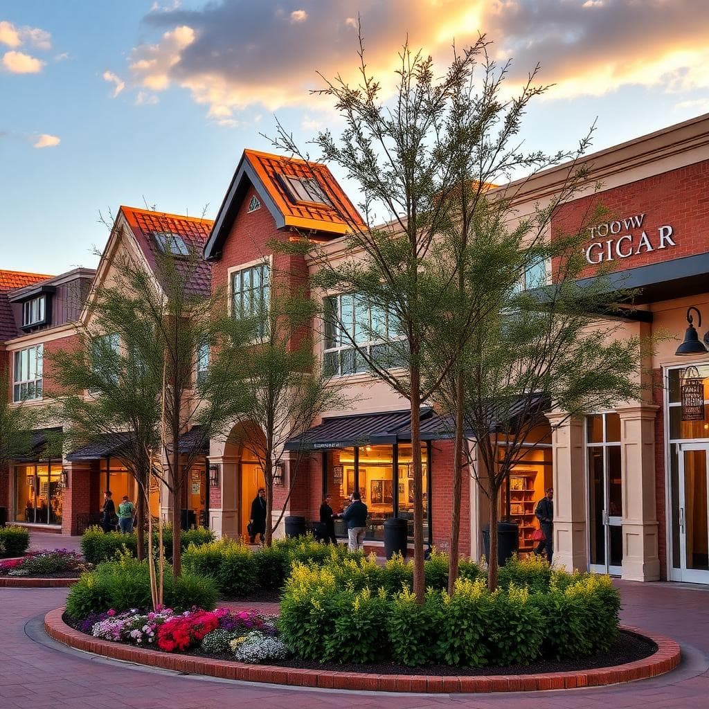 Southlake Town Square Texas upscale outdoor shopping district at sunset