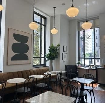 Boxed and Brewed dining room pendant lighting and banquette seating