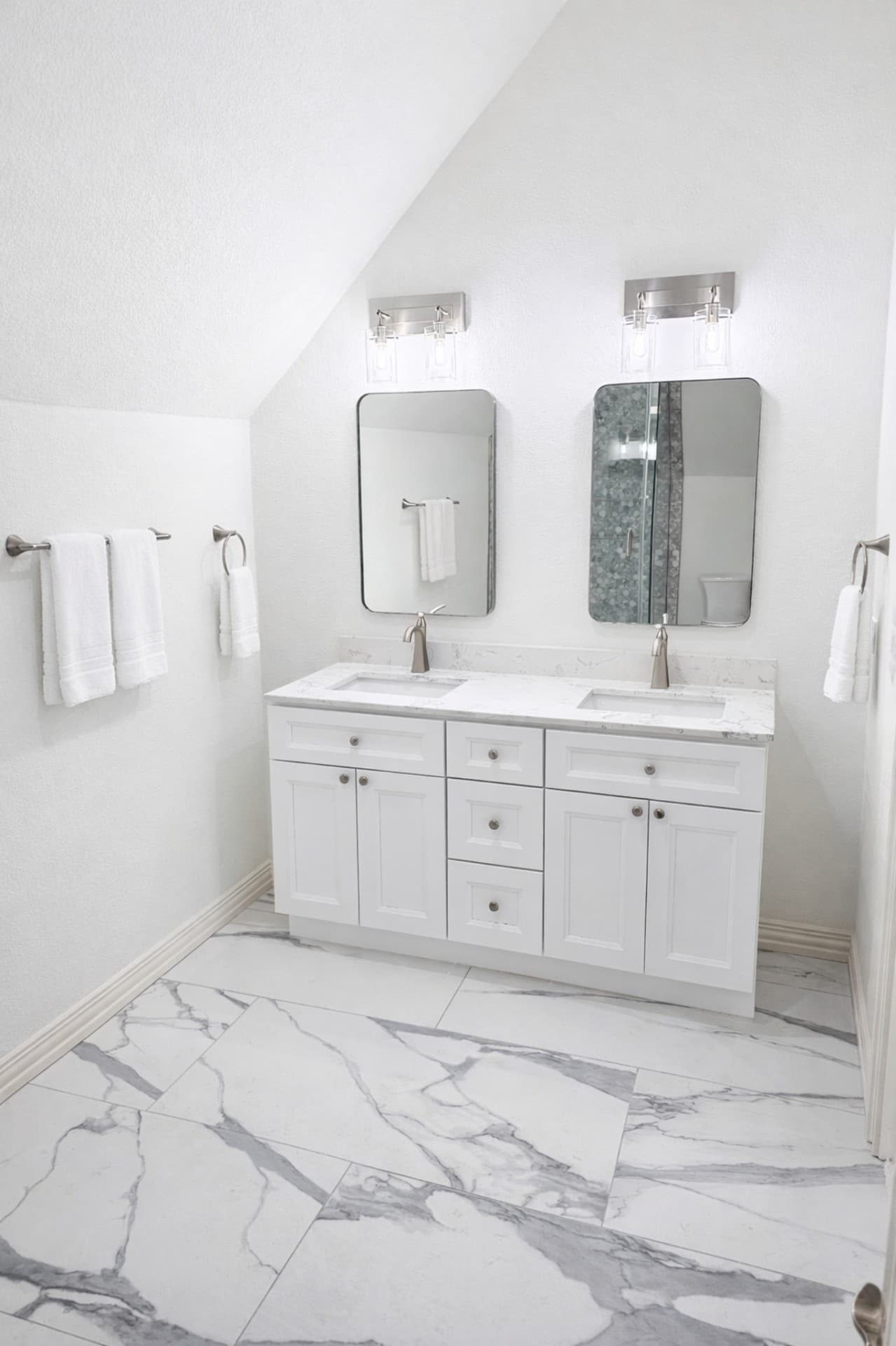 Colleyville TX attic bathroom dual vanity marble floor