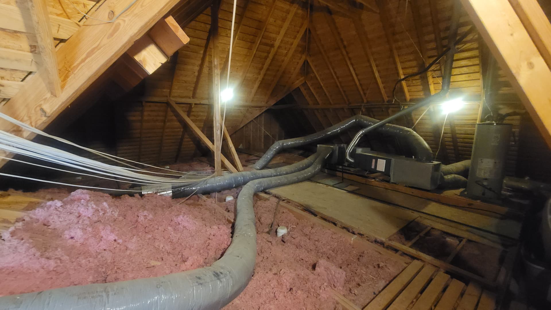 Colleyville TX attic before conversion existing framing and HVAC