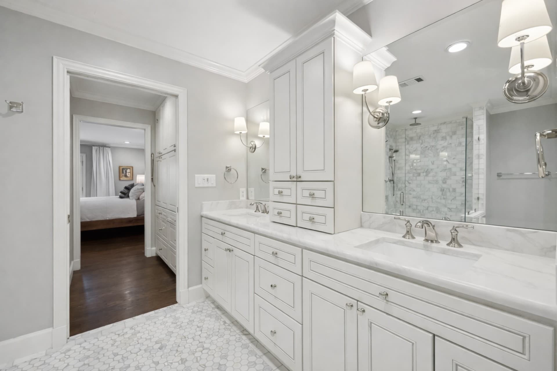 Plano master bathroom remodel with custom double vanity and marble countertops