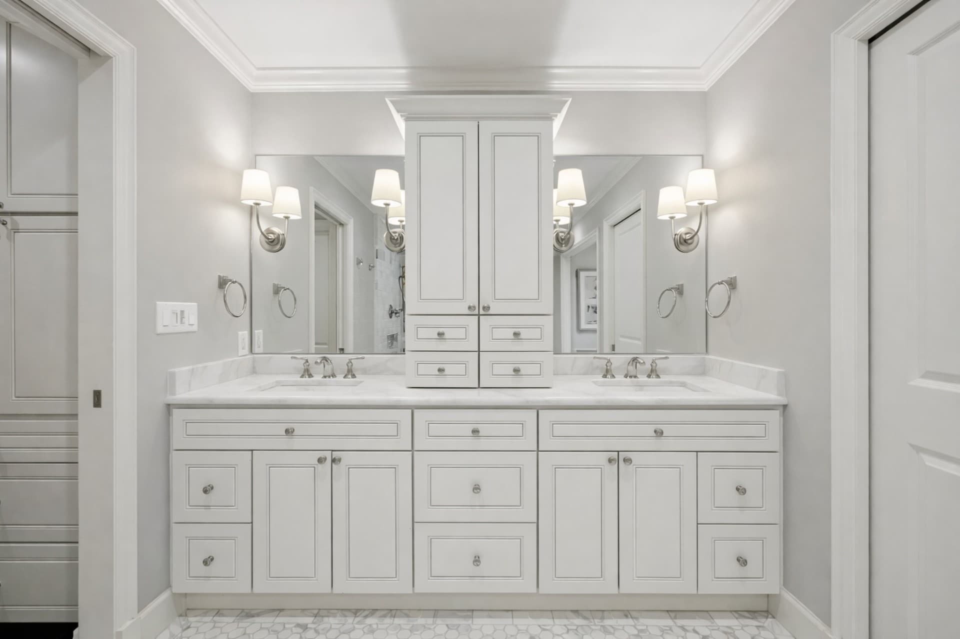 Custom Plano bathroom renovation with frameless glass shower and marble tile