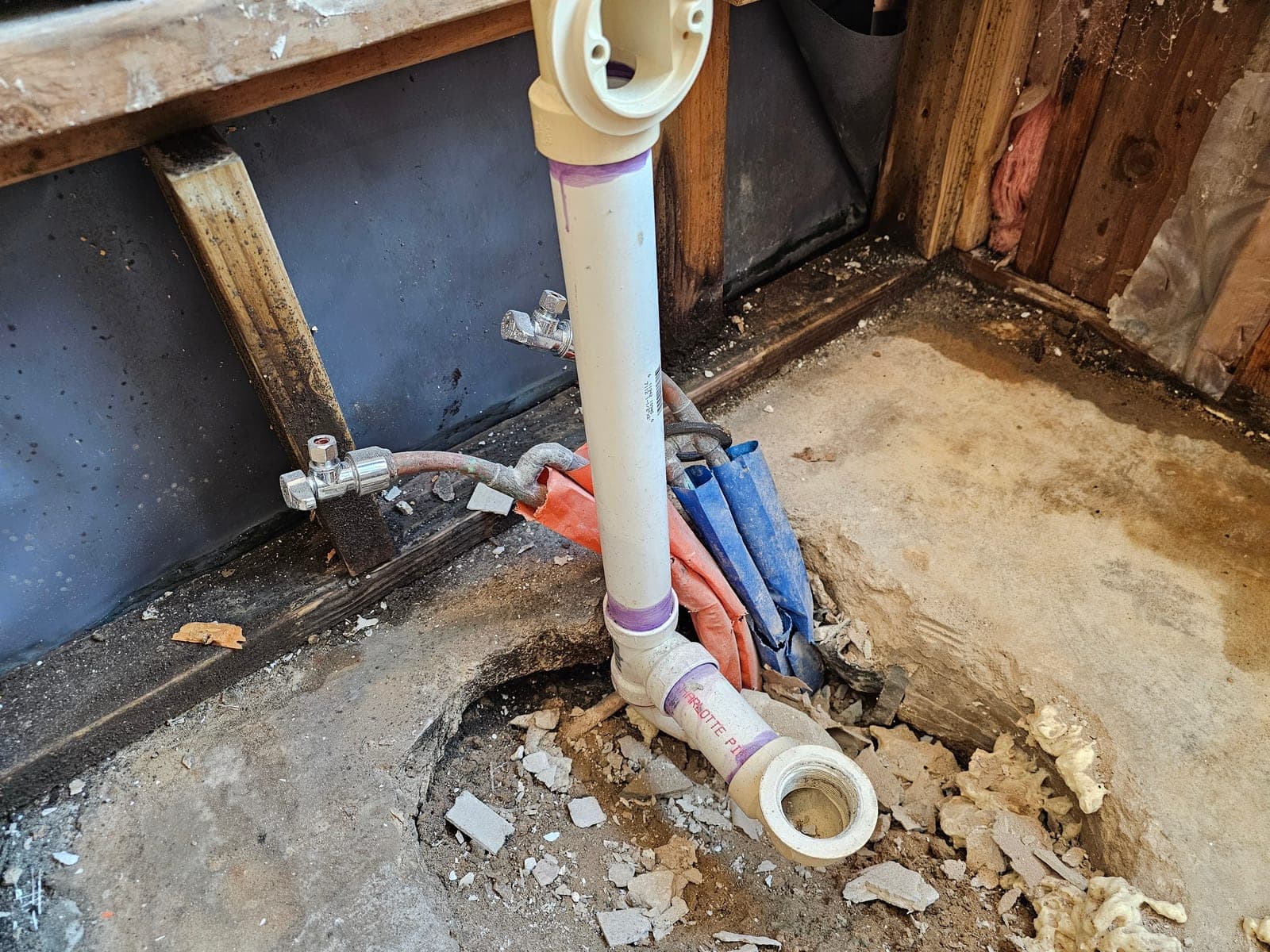 Rotted, mold-covered wall framing exposed behind a built-in tub during a bathroom remodel in Dallas-Fort Worth